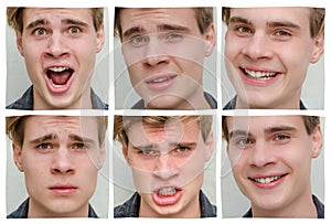 Collage of emotions and moods of teen boy in one day photo
