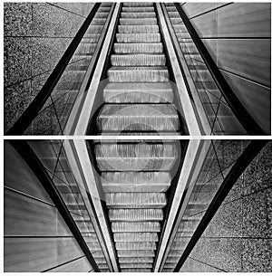 Collage of empty escalators stairs at the end of the subway line