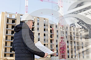 Collage with an engineer, construction site