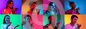 Collage of an ethnically diverse young people recording voice message isolated over multicolored background.