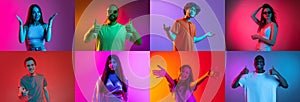 Collage of an ethnically diverse young people showing joy and happiness isolated over multicolored background.