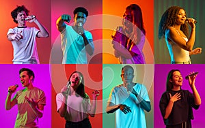 Collage of an ethnically diverse young people sining in microphone isolated over multicolored background.