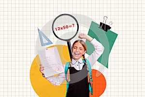 Collage of excited delighted clever girl raise fist hold test paper excellent grade magnifier lens isolated on checkered