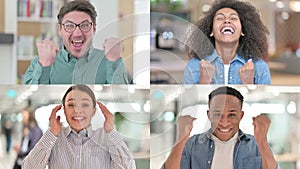 Collage of Excited Different Races People Celebrating Success,