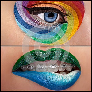 Collage of an eye and lips with fashion on stage make up