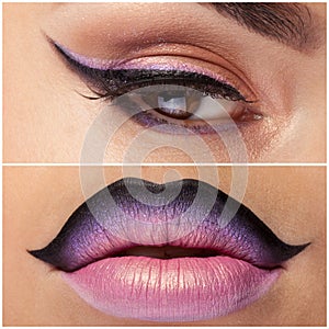 Collage of eye and lips with pink make up
