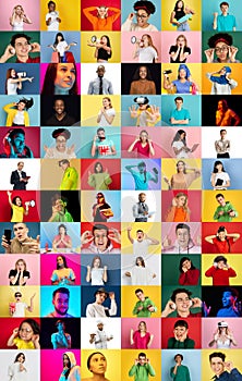 Collage of faces of emotional people on multicolored backgrounds. Expressive male and female models, multiethnic group