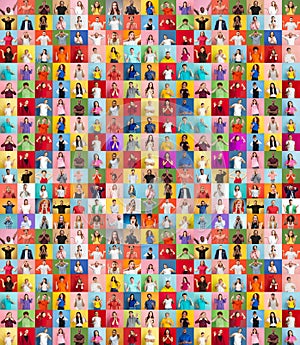 Collage of faces of surprised people on multicolored backgrounds. Happy men and women smiling. Human emotions, facial