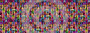 Collage of faces of surprised people on multicolored backgrounds. Happy men and women smiling. Human emotions, facial