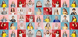 Collage of faces of surprised, shocked children, kids, pupils isolated on multicolored backgrounds. Childhood, human