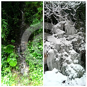 Collage fairytale small waterfall in summer and winter