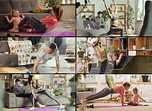 Collage of families photos. Sport in life. Concept of healthy lifestyle, love, relationships, care, health.