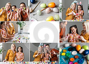 A collage of family Easter photo session. Mother, father and small daughter sit at home on the white kitchen and having