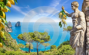 Collage with famous Faraglioni Rocks in azure sea and statue of Emperor Augustus holding bunch of fresh yellow ripe lemons in hand