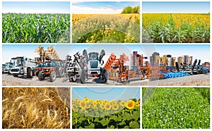 Collage about farm, agriculture, farming. Concept of equipment readiness for agricultural work - for sowing and