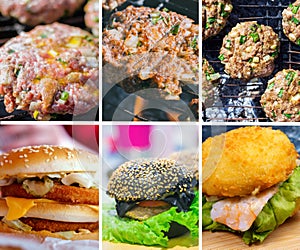 Collage of fast food burger delicacies displayed in an enticing banner format.