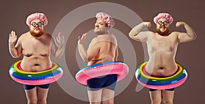 Collage fat funny man in a swimsuit with an inflatable circle.