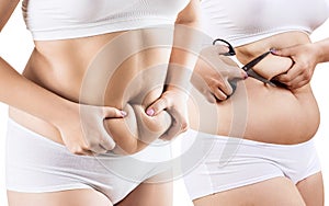 Collage of fat woman holds abdominal folds