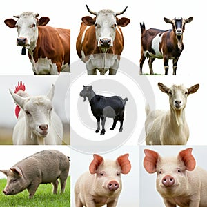 A collage featuring farm animals on a white background.