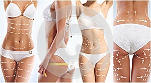 Collage of a female body with arrows.