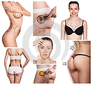 Collage of female body with the drawing arrows