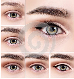 Collage of female eye with makeup steps.