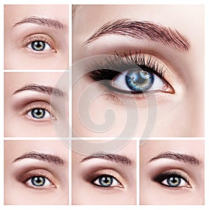 Collage of female eyes with makeup steps.