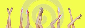 Collage with female legs in different shoes isolated on yellow background