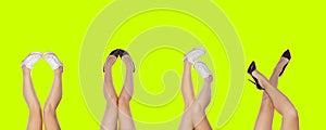 Collage with female legs in different shoes isolated on yellow background