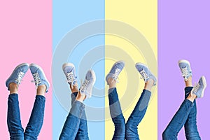 Collage of female legs in jeans and sneakers on colored background