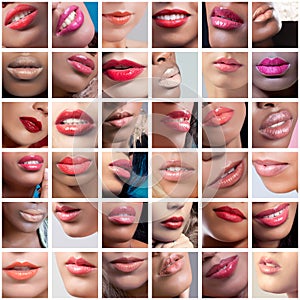 Collage of female lips images, ethnicities mix