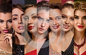 Collage of females faces with bright make-up and stylish jewelry. Expressing different facial emotions against colorful