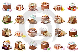 Collage of festively decorated Easter cakes on white background