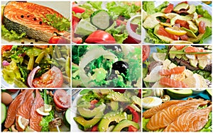 Collage fish avocado salad