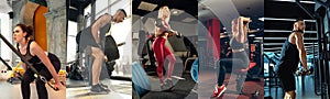 Collage about fit men and women at the fitness gym. Sport, training, athlete, workout, exercises concept