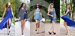 Collage of five beautiful models in blue dress