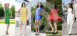 Collage of five beautiful models in colored summer dresses