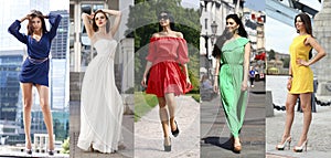 Collage of five beautiful models in colored summer dresses