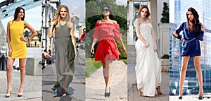 Collage of five beautiful models in colored summer dresses photo