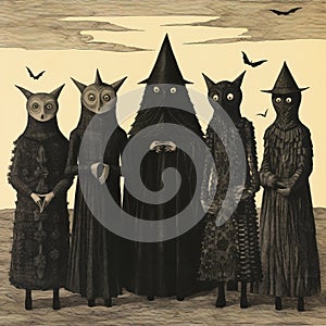 Collage Of Five Witches With Cats And Bats: Life-like Avian Illustrations In Primitive Surrealism