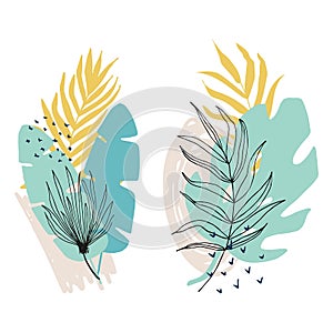 Collage of floral and abstract shape, sticker, design element, plant, leaves, hand drawn in trendy doodle style. Vector
