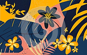 Collage floral pattern. Modern exotic jungle flover and leaves illustration in vector.