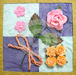 Collage of flowers on quilt