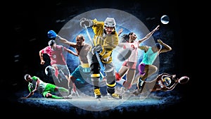 Multi sport collage football boxing soccer voleyball ice hockey on black background photo