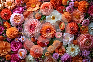 A collage that forms a vibrant and trendy floral mosaic. This collage feature a peony, dahlia, and ranunculus, each known for