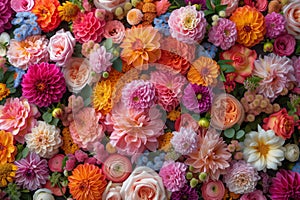 A collage that forms a vibrant and trendy floral mosaic. This collage feature a peony, dahlia, and ranunculus, each known for