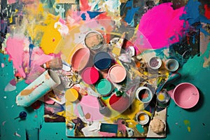 collage of found objects and paint, with a pop of color