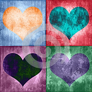 Collage of four colorful vintage hearts