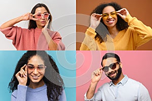Collage of four diverse people in sunglasses over colors background