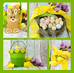 Collage of four images of Happy Easter yellow and lime green theme gingerbread bunny cookies